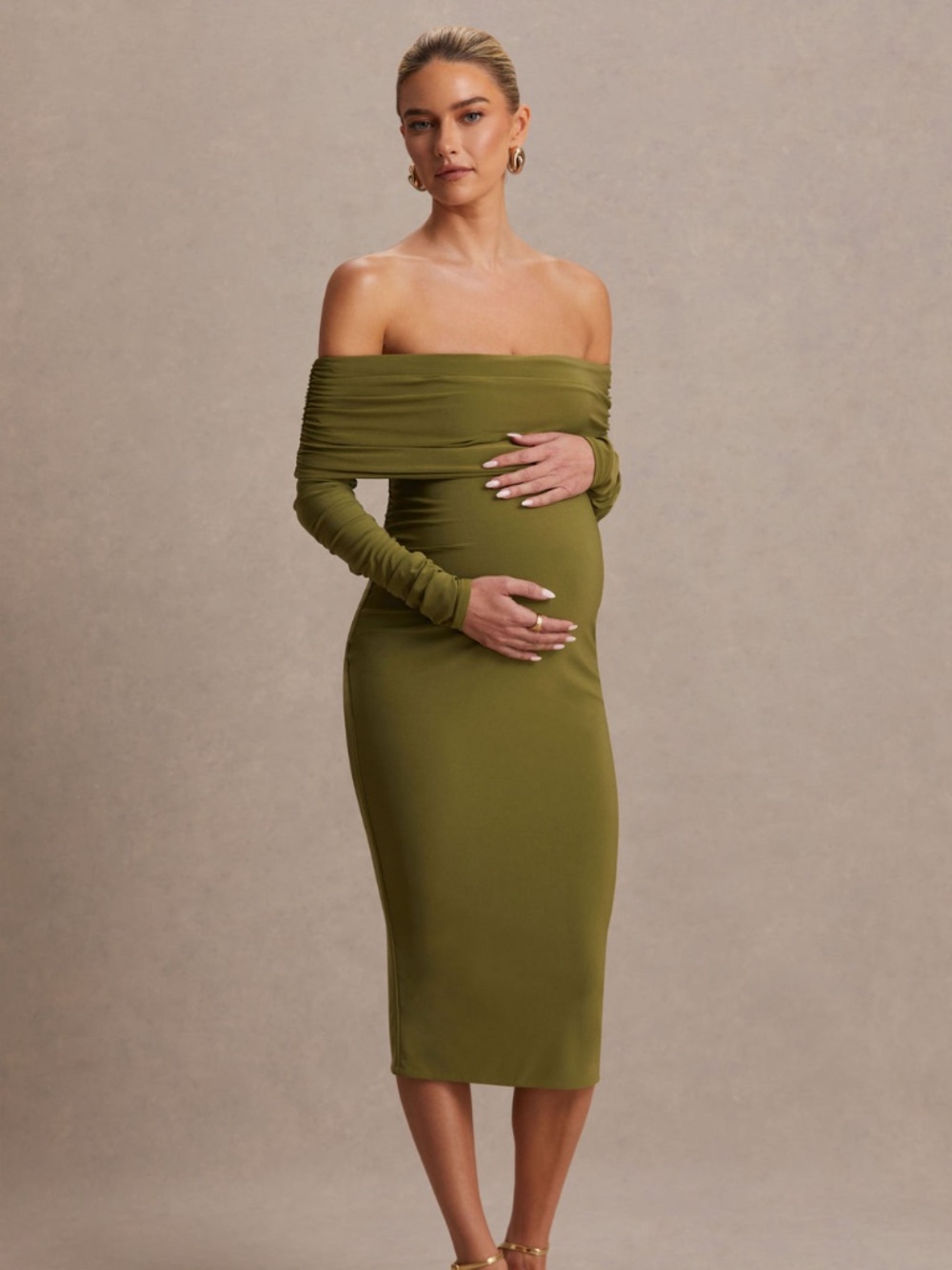 Olive Bardot-Neck Maternity Midi Dress